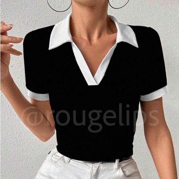 Rouge! Tops - Black V-Neck Short Sleeve Shirt White Trim Collar